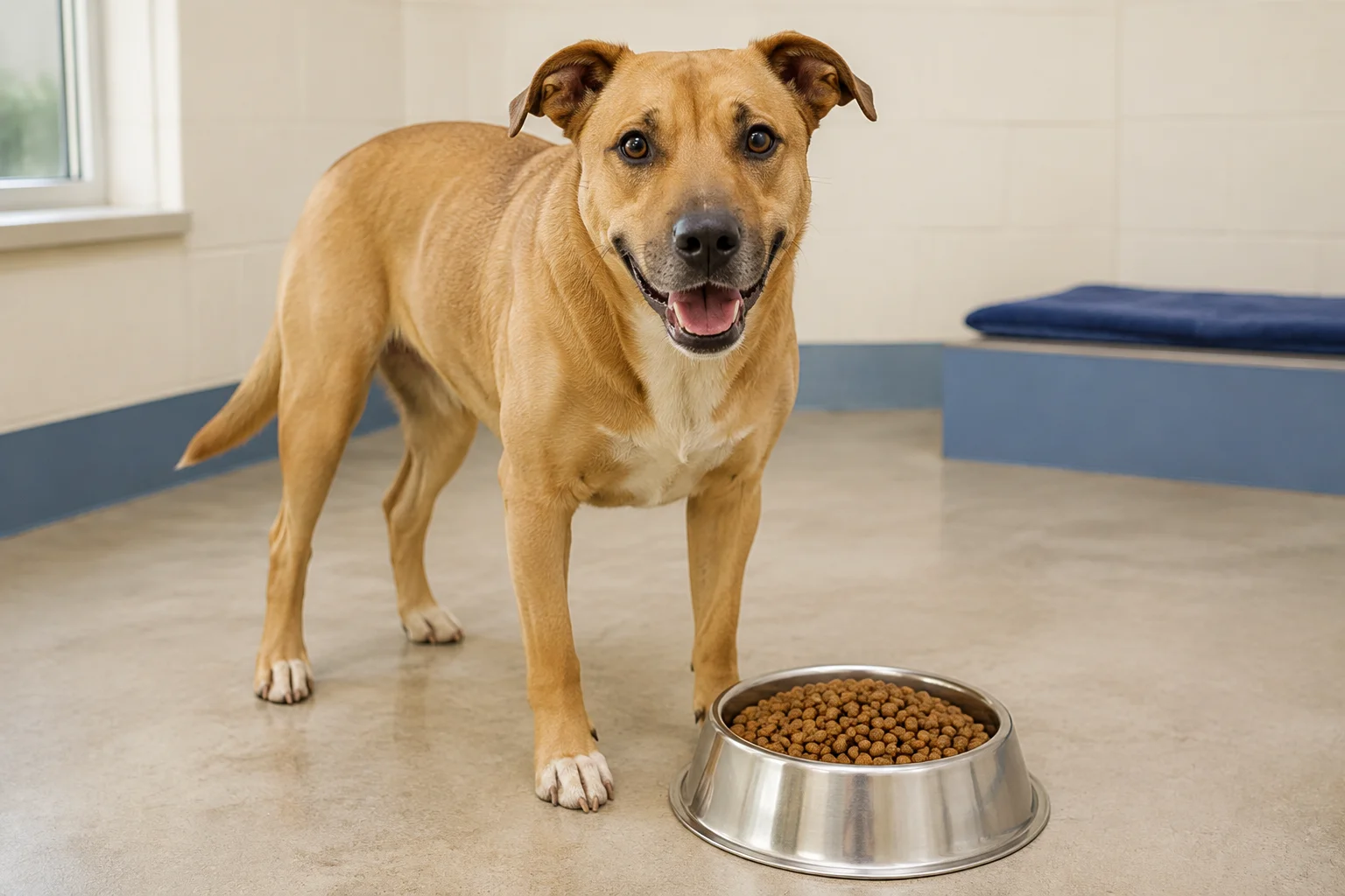 Illustrative shelter dog beside a bowl of food