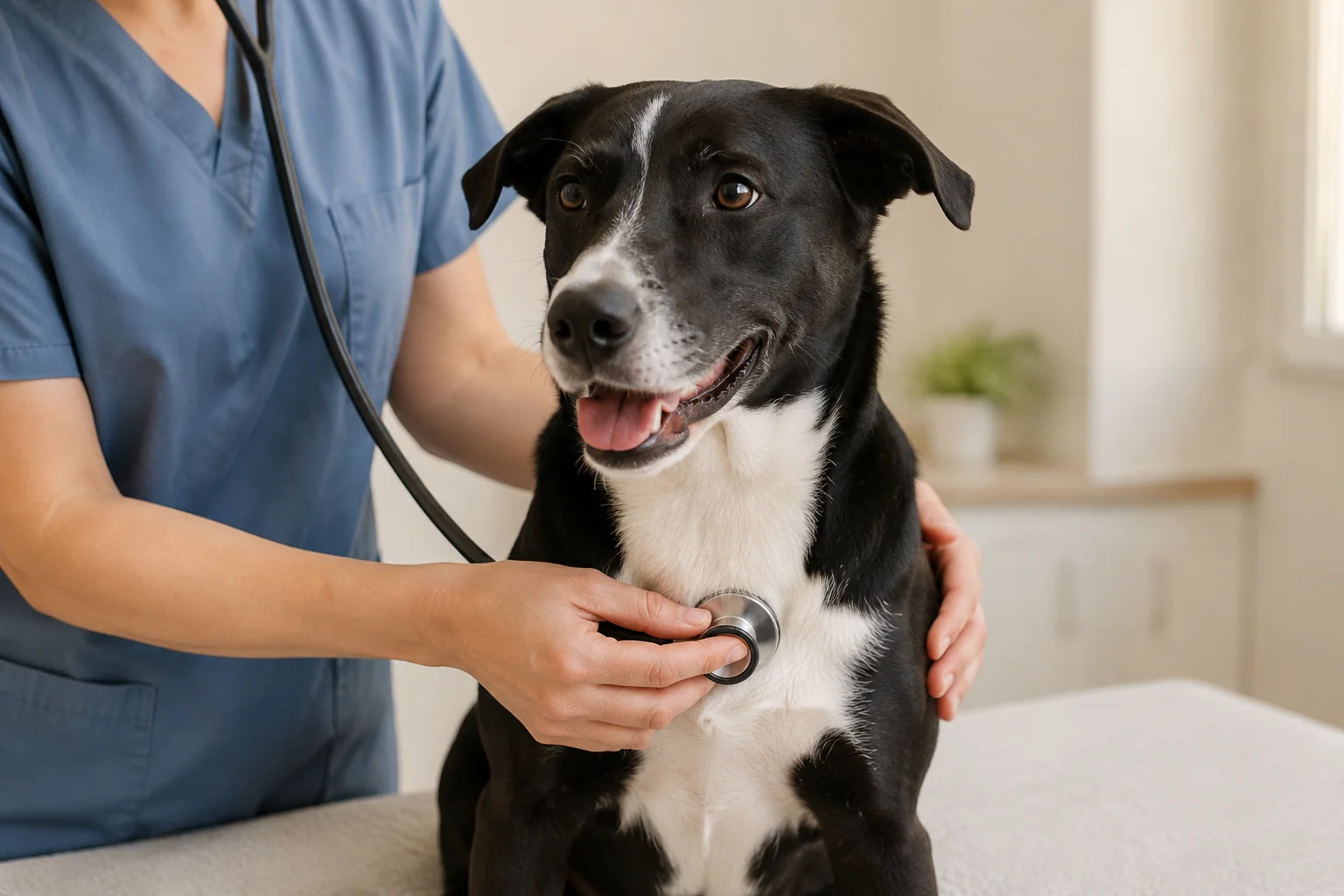 Illustrative dog receiving a gentle veterinary checkup
