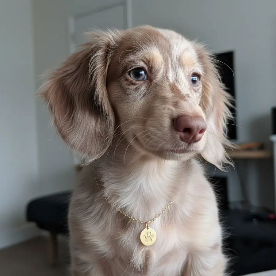 A pale long-haired dachshund puppy wearing the Pawprint Necklace